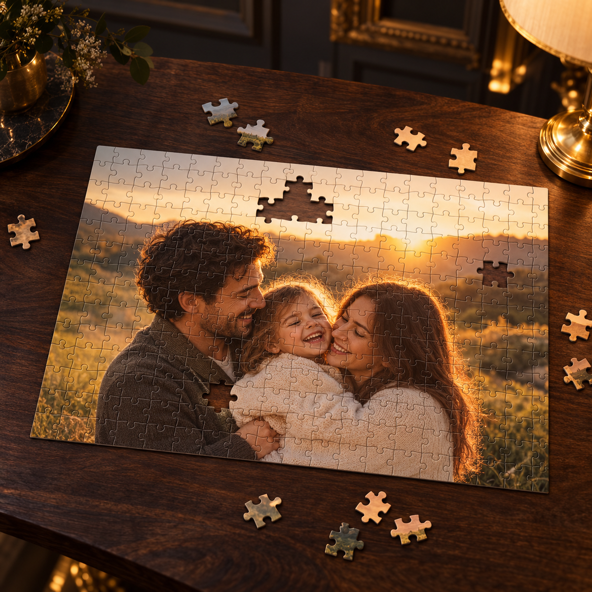 Puzzle photo personnalisé — exemple illustratif avec une photo de famille dans un décor sombre et doré