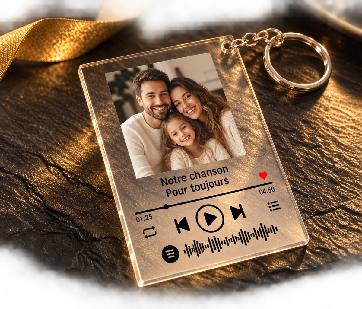 Porte-clés acrylique personnalisé avec photo et texte, décor lecteur musical